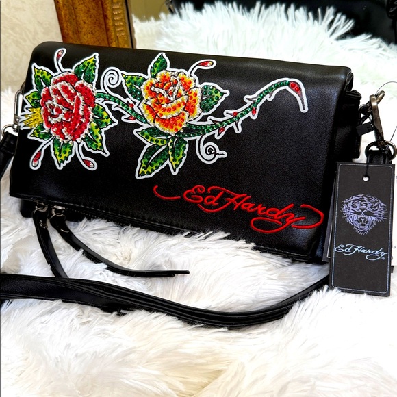 Ed Hardy Black Clutch/Crossbody Bag with Floral Rhinestone embellishments. - Picture 1 of 16